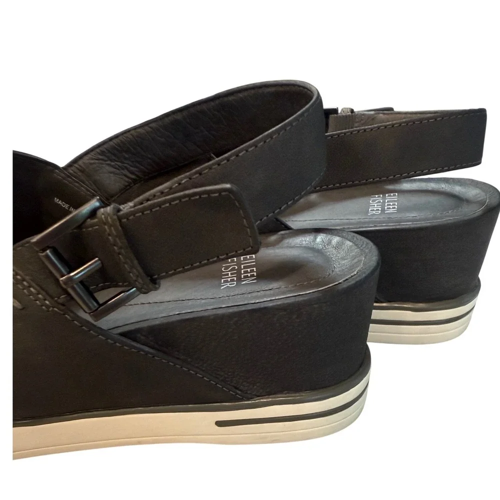 Eileen Fisher Graphite Nubuck Platform Sandals Wedge 7.5M Grey Comfort